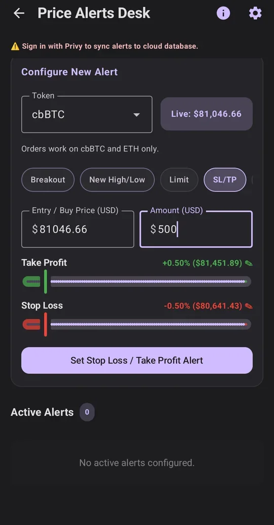 Setting a stop-loss and take-profit on cbBTC: the live price, a $500 amount, and sliders for both prices